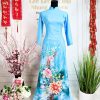 Áo Dài - Lụa Nhật Co Giãn,Hoa Mẫu Đơn,Nền Nước Biển,tông Xanh Lam - L114